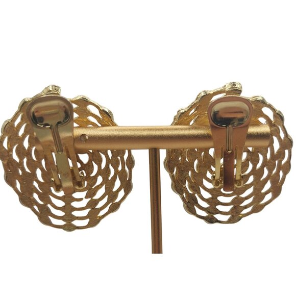 Vintage Gold-Tone Clip-On Earrings With Black Enamel Accents - Picture 2 of 5